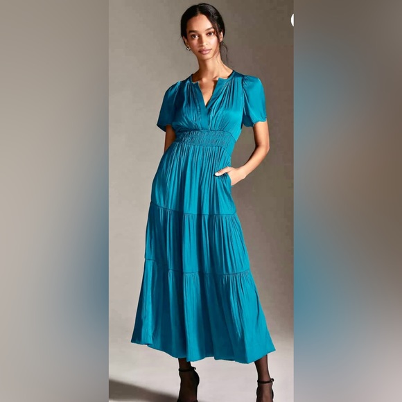 Anthropologie Somerset Dress NWT Turquoise Satiny Incredibly Flattering Size M! - Picture 3 of 17